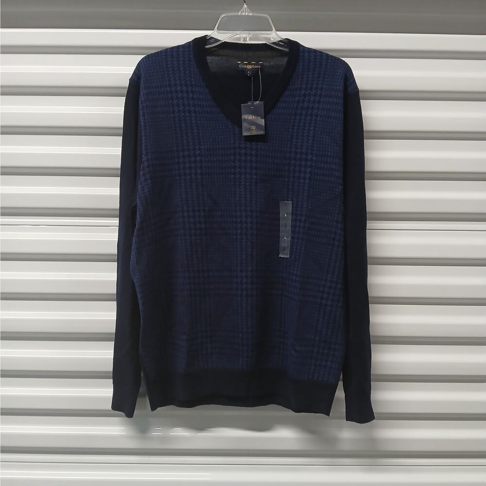 Club Room Men's Sweater Size Large Blue Merino Wool Stretch Academia Grandpacore - Picture 1 of 6
